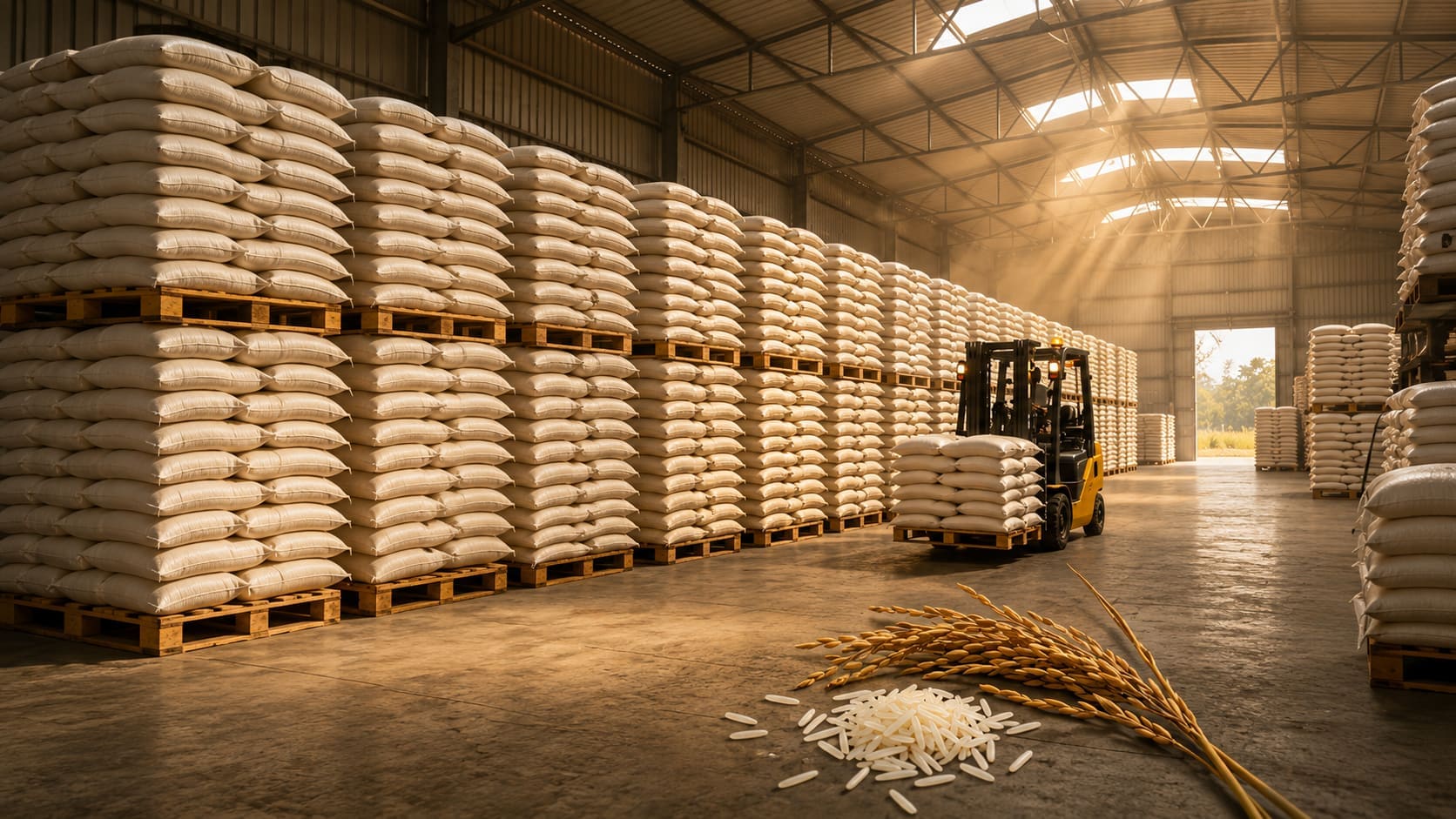 Warehouse stacked with rice sacks and a forklift