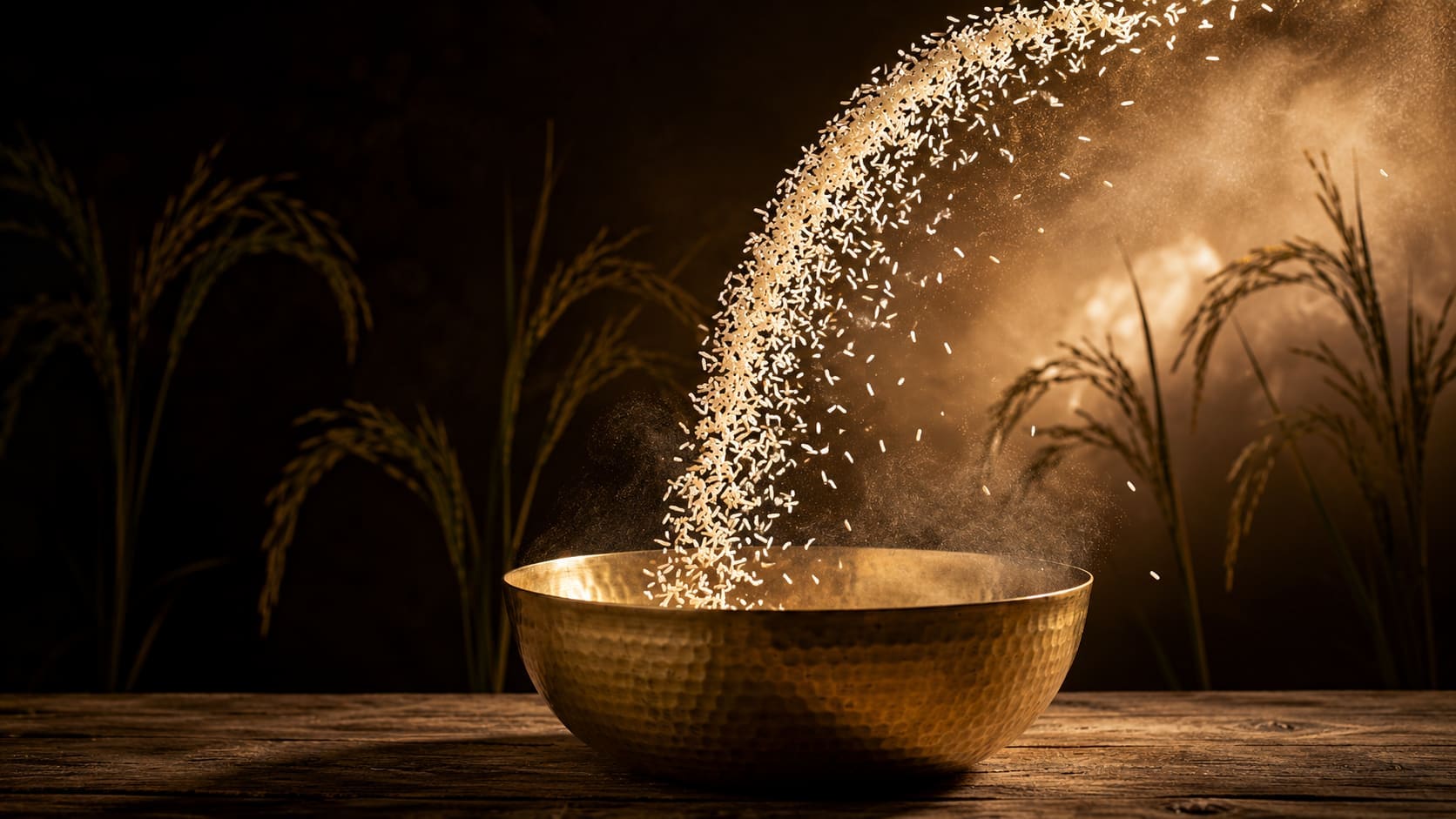 Rice grains pouring into a brass bowl