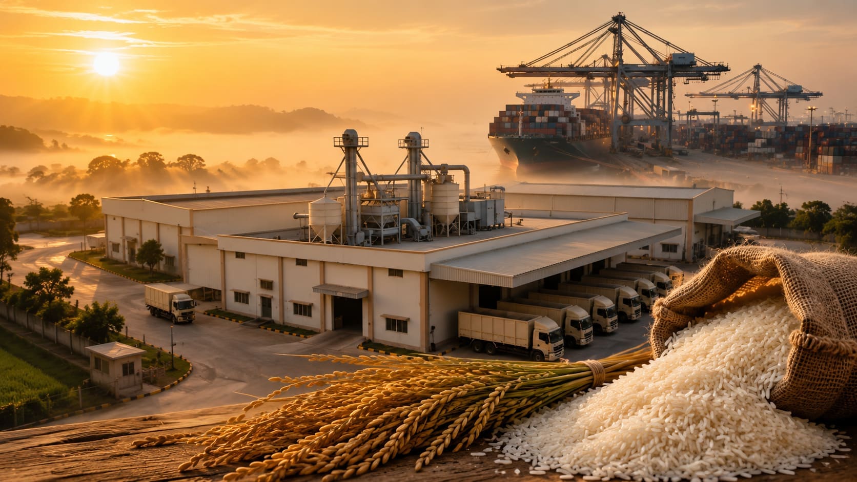 Rice processing mill beside a container port at sunrise