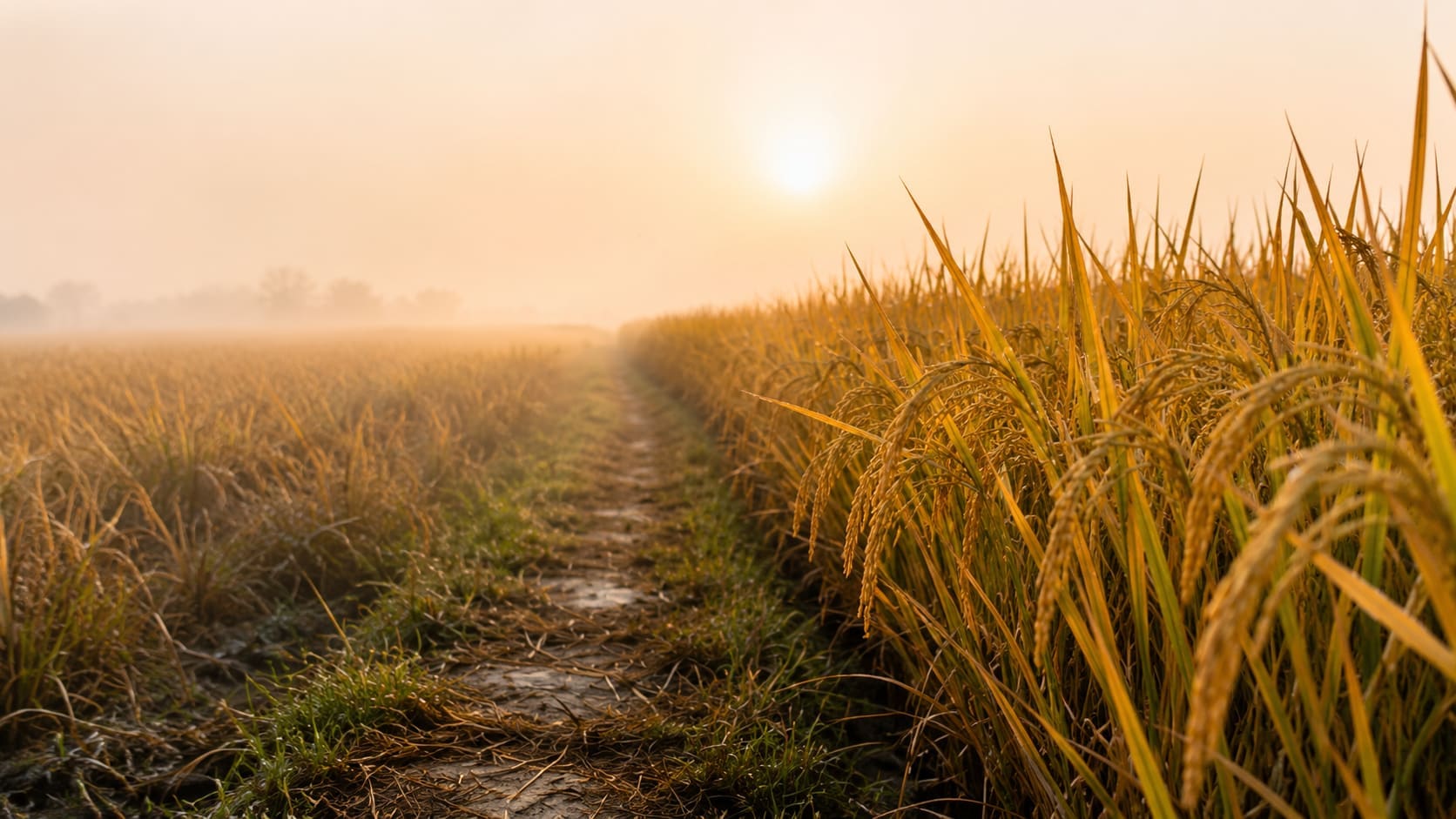Golden hour light over a ripe rice paddy field