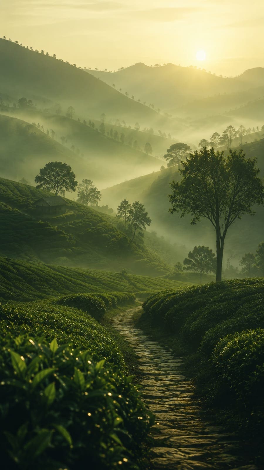 Misty sunrise over a high-altitude tea valley