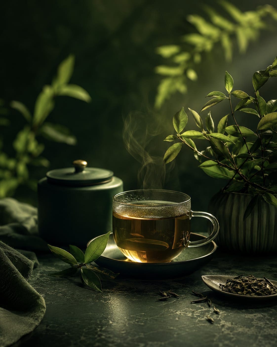 Steaming cup of tea surrounded by fresh leaves